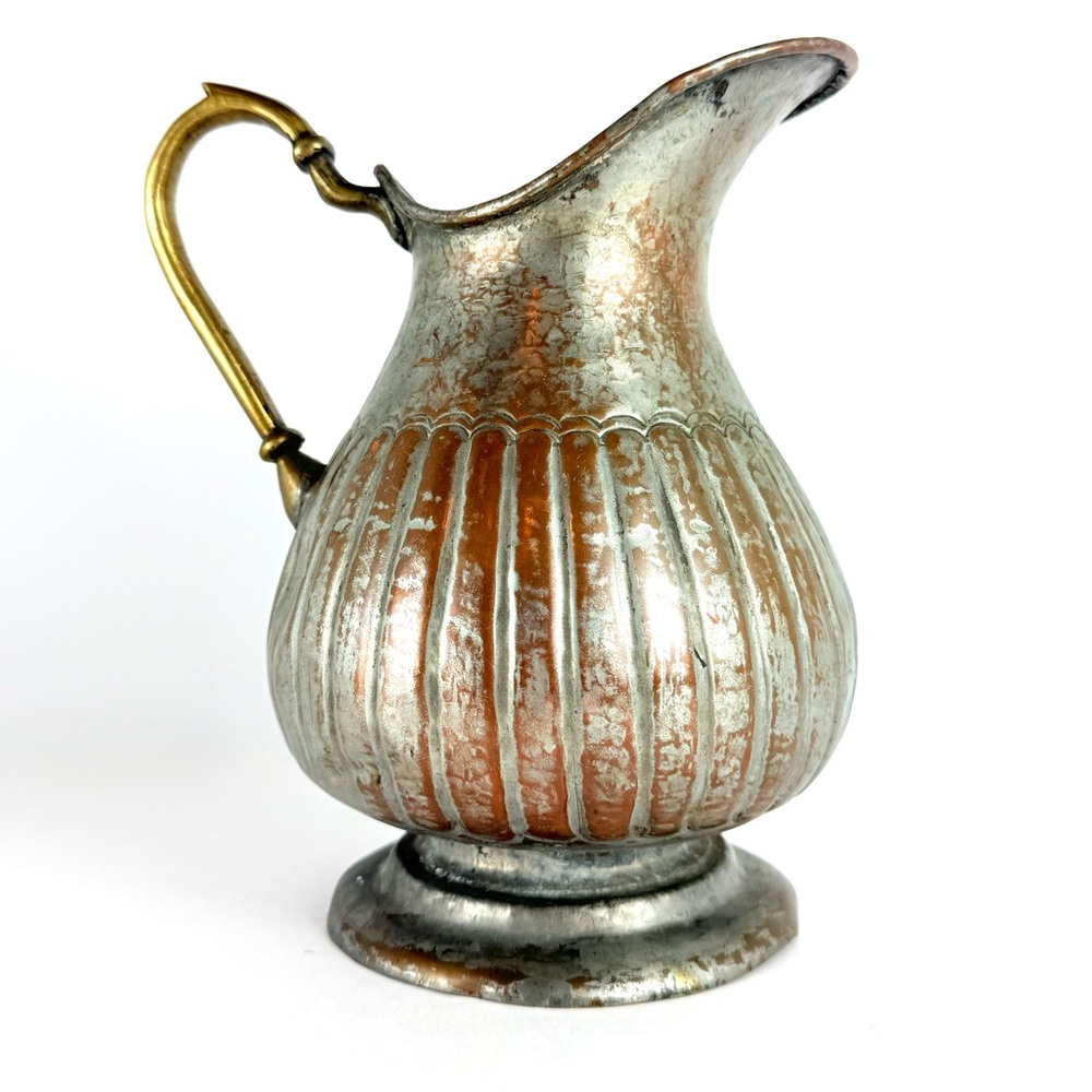Vintage China Tin Over Copper Pedestal Pitcher w/Brass Handle 7.5” X 6.5”